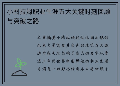 小图拉姆职业生涯五大关键时刻回顾与突破之路