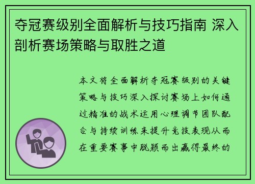 夺冠赛级别全面解析与技巧指南 深入剖析赛场策略与取胜之道